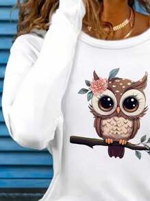 Camiseta blanca casual con estampado de búho, ropa de mujer para otoño/invierno