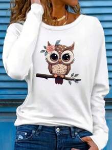 Camiseta blanca casual con estampado de búho, ropa de mujer para otoño/invierno