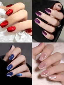 96pcs Glossy Short Square Nails Red Nude Pinkish Blue Purple Phantom Glitter Cat Eye Fake Nails Fully Cover False Nails Reusable Fake Nail For Female Girls