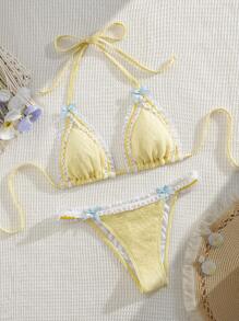 New Lace Trim Floral Bow Decor Spaghetti Strap Bikini Set, Fashionable Ladies Beach Swimwear Summer