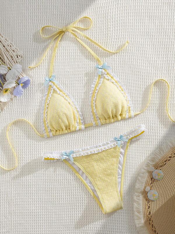 New Lace Trim Floral Bow Decor Spaghetti Strap Bikini Set, Fashionable Ladies Beach Swimwear Summer