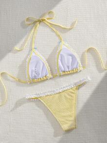 New Lace Trim Floral Bow Decor Spaghetti Strap Bikini Set, Fashionable Ladies Beach Swimwear Summer