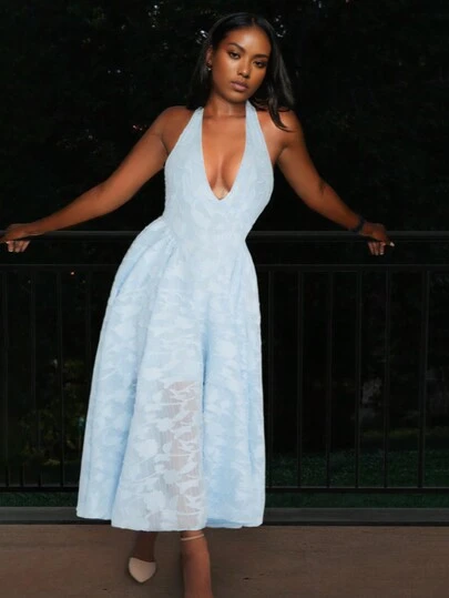 1pc Women Solid Color Halter Backless Sleeveless Dress
