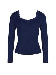 Women's Y2K Lace Crew Neck Knit Long Sleeve Top, Casual & Sexy, Suitable For Back To School Season, Autumn - Navy Blue - View 10