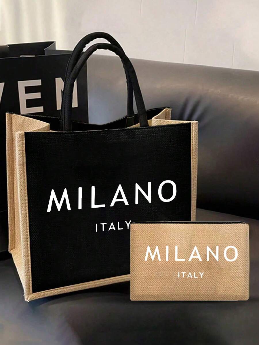 1 Set Linen Tote Bag & Pouch, Includes 1 "Milano Italy" Printed Tote Bag And 1 Printed Pouch, Personalized Gift Packaging, Coarse Linen Tote Bag - Black - View 1