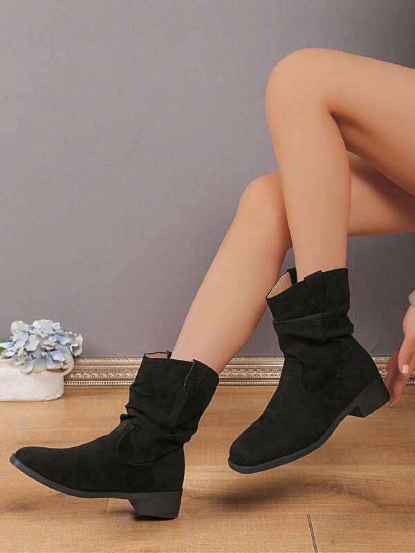 Women's Square Toe Vintage Short Pleated Ankle Boots, Slip-On Chunky Heel Suede Short Boots For Autumn/Winter