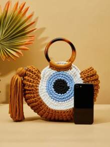 新款流苏编织手提包大容量休闲度假沙滩手提包大眼设计半月形单肩包 - 棕色 - 查看 5