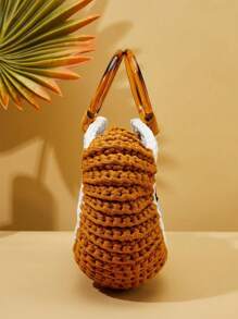新款流苏编织手提包大容量休闲度假沙滩手提包大眼设计半月形单肩包 - 棕色 - 查看 4