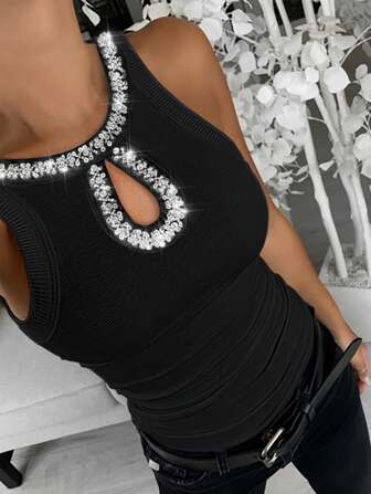 ChicMe Top aderente in maglia a costine senza maniche, con contrasto di colore, paillettes e lavorazione traforata, elegante per donna