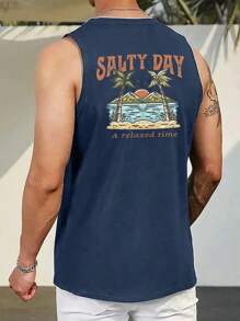 Coastal | 男士轻薄夏季度假棕榈树字母印花圆领休闲背心 - 藏蓝色 - 查看 3