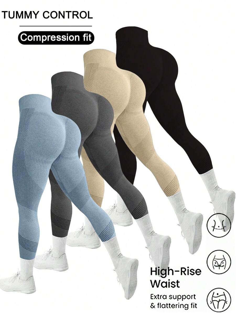 Pantaloni de yoga pentru antrenament cu talie înaltă, fără sudură, pentru ridicarea fundului, 4 piese