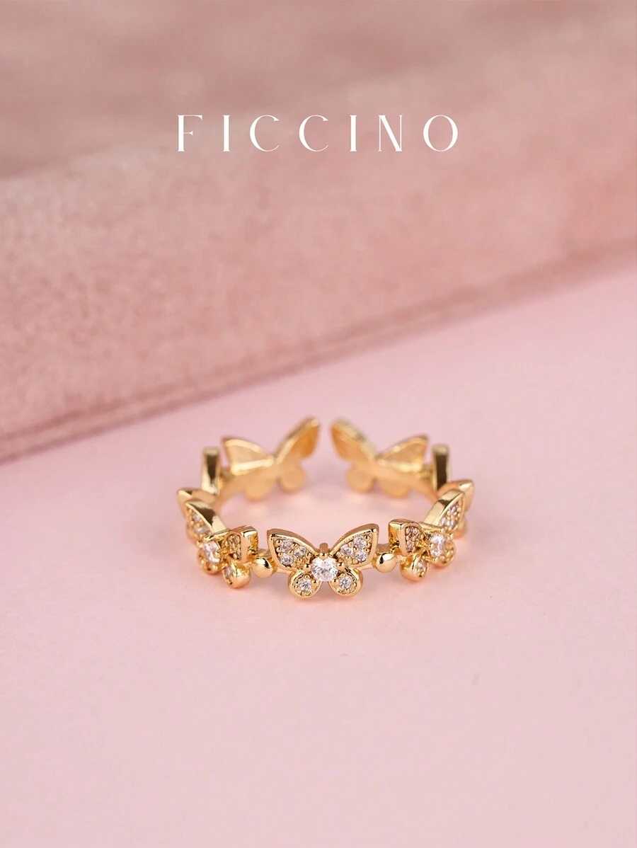 Nhẫn FICCINO hình con bướm mạ vàng 18K đính đá Cubic Zirconia, kích thước có thể điều chỉnh, phụ kiện thanh lịch phù hợp, món quà tuyệt vời cho bạn gái, bạn bè, cặp đôi, có hộp quà tặng - 394r - Xem 1