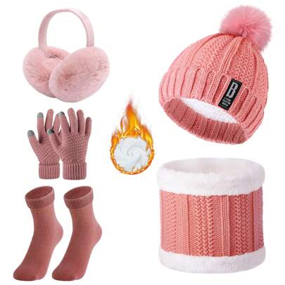 5pcs/Set Women Winter Scarf Set Knitted Thickend Hat Scarf Set Plush Ear Warmers Touch Screen Gloves Thermal Socks For Skiing Outdoor Sports Scarf Touchscreen Gloves For Cold Weather
