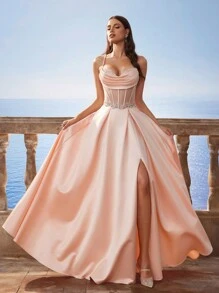 Julchic barock homecoming-klänning, exklusiv satinklänning med spaghettiband och sjöjungfrumönster, fransk brudtärneklänning, aftonklänning för fest - Babyrosa - Visa 5