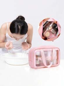 1 pieza Juego de bolsas de maquillaje transparentes, bolsa de tocador de PVC con efecto semitransparente y mate, de gran capacidad para baño/natación, de calidad premium personalizada
