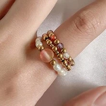 Juego de 3 anillos de mujer con piedras naturales y perlas falsas, de acero inoxidable minimalista de alta gama, apropiado para uso diario, vacaciones, boda y fiesta