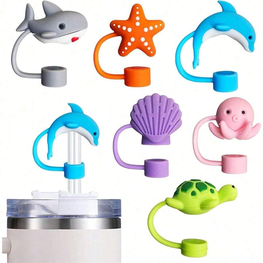 1pc/6pcs Straw Cover Cap For Cup, Silicone Sea Animal Straw Topper For 30&40 Oz Tumbler With Handle, Straw Tips Lids School Supplies New Year's Gifts, Party Favors - Multicolor - View 1
