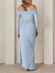 Vestido de maternidad ajustado para mujer, sin hombros, manga larga, color liso, de malla, vestido de embarazo, vestido con abertura alta - Azul cielo - Ver 5