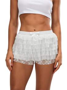 Women Ruffle Lace Shorts Bloomers Summer Casual Layered Tiered Pleated Slim Fit Floral Lace Trim Shorts - White - View 2