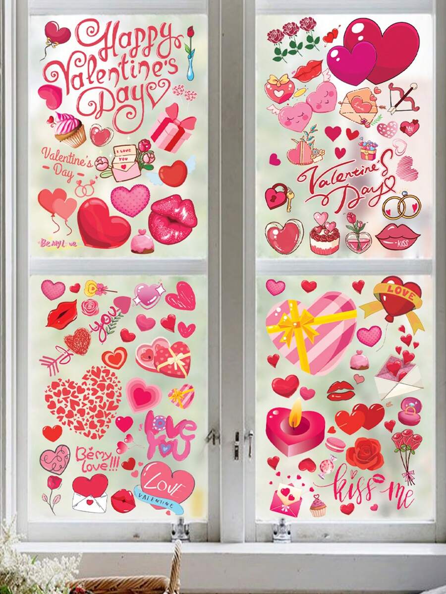 1 Set Romantic Heart Window Stickers For Valentine's Day Valentine's Day Decorations,Valentine Window Stickers, Vinyl Decal For Festival Decoration - Red - View 1