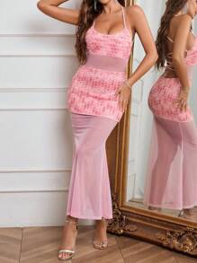 Vestido Midi com Recorte Floral Sem Costas para Mulheres, Vestido de Verão Sexy de Tule Justo com Bainha Sereia