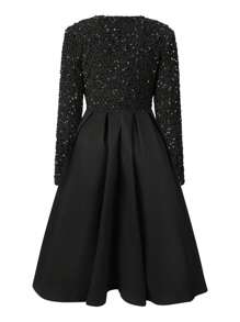GLOURI Elegant Satin Midi Dress For Women, Velvet Sequin Contrast, A-Line, Long Sleeves, Crew Neck, No Belt, Holiday Party Dress, Christmas Dress, No Padding, Regular Fit, Solid Color - 黑色 - 查看 3
