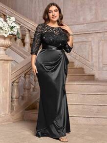 Plus Size Sequin Floral Lace Contrast Ruched Ruffle Trim Satin Evening Party Dress,Gown,Formal,Wedding Guest