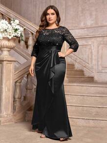 Plus Size Sequin Floral Lace Contrast Ruched Ruffle Trim Satin Evening Party Dress,Gown,Formal,Wedding Guest