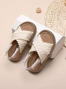 1 Pair Princess Style Woven Adjustable Hook And Loop Thick-Soled Beach Sandals, Suitable For Girls In Summer - Beige - View 2