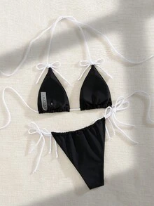 PEPPERMOLLY 全新柔软材质纯色露背蝴蝶结比基尼性感女士夏季沙滩泳装套装