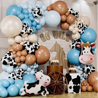 Western Cowboy Coygirl Balloon Garland Arch Kit With Printed Cow Slate Blue Nude Brown Latex Foil Balloons For Animals Farm Theme Birthday Party BabyShower Decorations Supplies