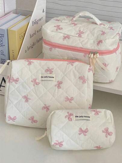 3 件/1 套绗缝蝴蝶结和玫瑰设计化妆包、时尚便携式化妆包、多功能储物袋、大容量可爱洗漱包、旅行收纳袋、迷你化妆刷包、印花洗漱包、分类储物袋、梳妆台收纳袋、美容包、适用于口红、卫生巾、硬币、钥匙、化妆品、珠宝、项链、耳环、手镯、戒指、非常适合家庭、卧室、浴室、旅行、户外、妈妈、女孩、妇女节礼物、假日海滩、浴室系列、卧室系列、大容量