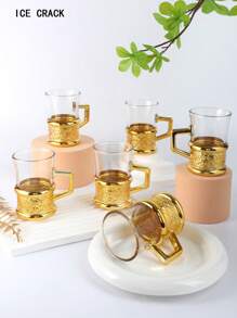 6pcs Set European Style Gold Plated Embossed Cups, Gold Embossed Tea/Coffee Cups, Living Room Decor Cups, Hotel Commercial Cups, Home Party Tea/Coffee Cups, Creative Drinking Cups - Multicolor - View 11