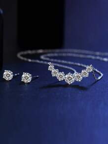 1 Set 925 Sterling Silver Sparkling Round Cubic Zirconia Synthetic Diamond Pendant Necklace And Earrings Wedding Bridal Party Fine Jewelry Set For Women