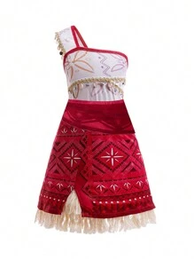 Vestido de una sola manga con flecos para actuación de niña joven, apropiado para fiestas - Rojo - Ver 2