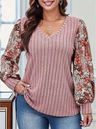 大码花卉印花 T 恤，休闲 V 领长袖罗纹 T 恤，女士大码服装