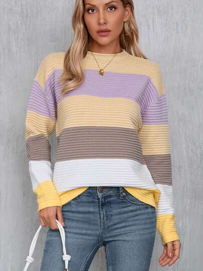 Maglione oversize a righe color block per donna, manica lunga, collo a O, maglia a costine, pullover comodo e elasticizzato per l'autunno e l'inverno