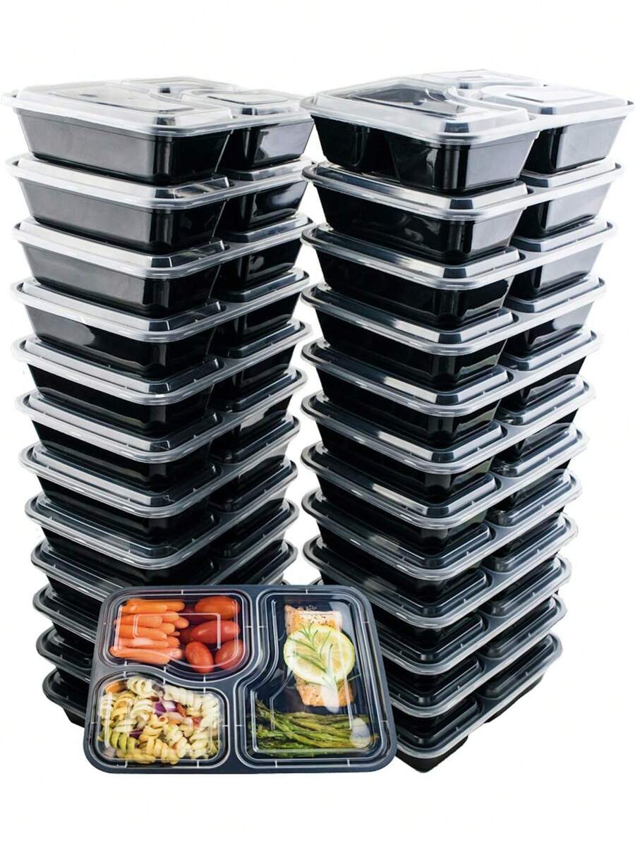 10/20/50 件带盖餐食准备容器，3 格可重复使用食品储存容器分隔塑料便当盒午餐盒外带盒，食品容器，午餐盒，可堆叠，便当盒，微波炉 - 彩色 - 查看 1