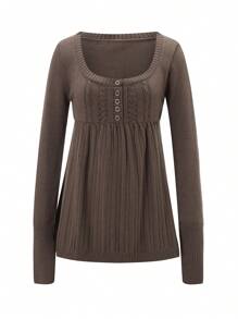 Women Fairy Grunge Knit Long Sleeve Tops Low Cut Peplum Babydoll Blouse Button Tunic Sweater - 棕色 - 查看 4