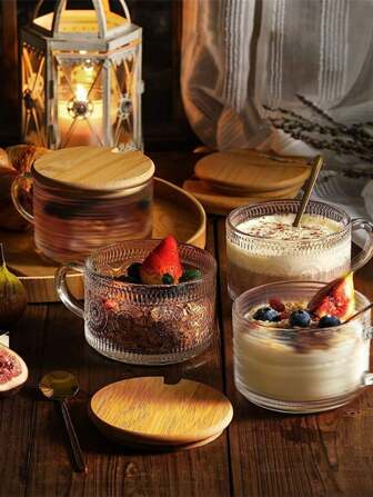 3 Pieces Set Breakfast Cup(Cup+Spoon+Lid), Oat Cup, Transparent Glass Cup With Handle, High-Quality Yogurt Milk Cup, Kitchen, Dining Room, Home Use