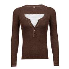 Long Sleeve Tops For Women Striped Button Up Tunic Shirts Loose Fit Sexy Henley Tee Blouses - màu nâu - Xem 2