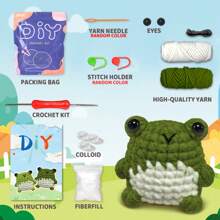 Set de 2 piezas de ganchillo con diseño de rana, kit de ganchillo de animales para principiantes con ganchos de ganchillo, lana, muñeca y kit de ganchillo de animales positivos con tutoriales en video paso a paso, regalo creativo para festivales y suministros de fiesta de cumpleaños, decoración de arte y artesanía para el hogar (accesorios en color aleatorio)