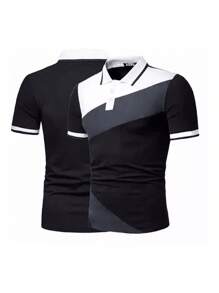 Versión clásica masculina de la camisa polo de manga corta con rayas oblicuas combinación de blanco y negro gris moda casual camisa polo 100% algodón chaqueta masculina de verano - Negro - Ver 5