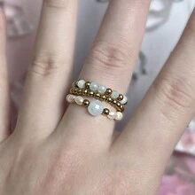 Juego de 3 anillos de mujer con piedras naturales y perlas falsas, de acero inoxidable minimalista de alta gama, apropiado para uso diario, vacaciones, boda y fiesta