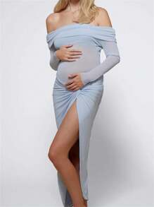 Vestido de maternidad ajustado para mujer, sin hombros, manga larga, color liso, de malla, vestido de embarazo, vestido con abertura alta - Azul cielo - Ver 6