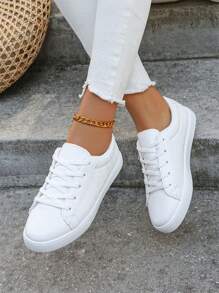 Plus Size Women's Fashion White Sneakers, Flat Bottom Casual Lace-Up Sport Shoes For School & Daily Use (Please Order One Size Larger As These Shoes Run Small)