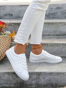 Zapatillas blancas de moda para mujer talla grande, zapatos deportivos casuales de cordones con suela plana para la escuela y uso diario (por favor, pide un tamaño talla grande grande ya que estos zapatos son talla grande pequeños) - Blanco - Ver 5