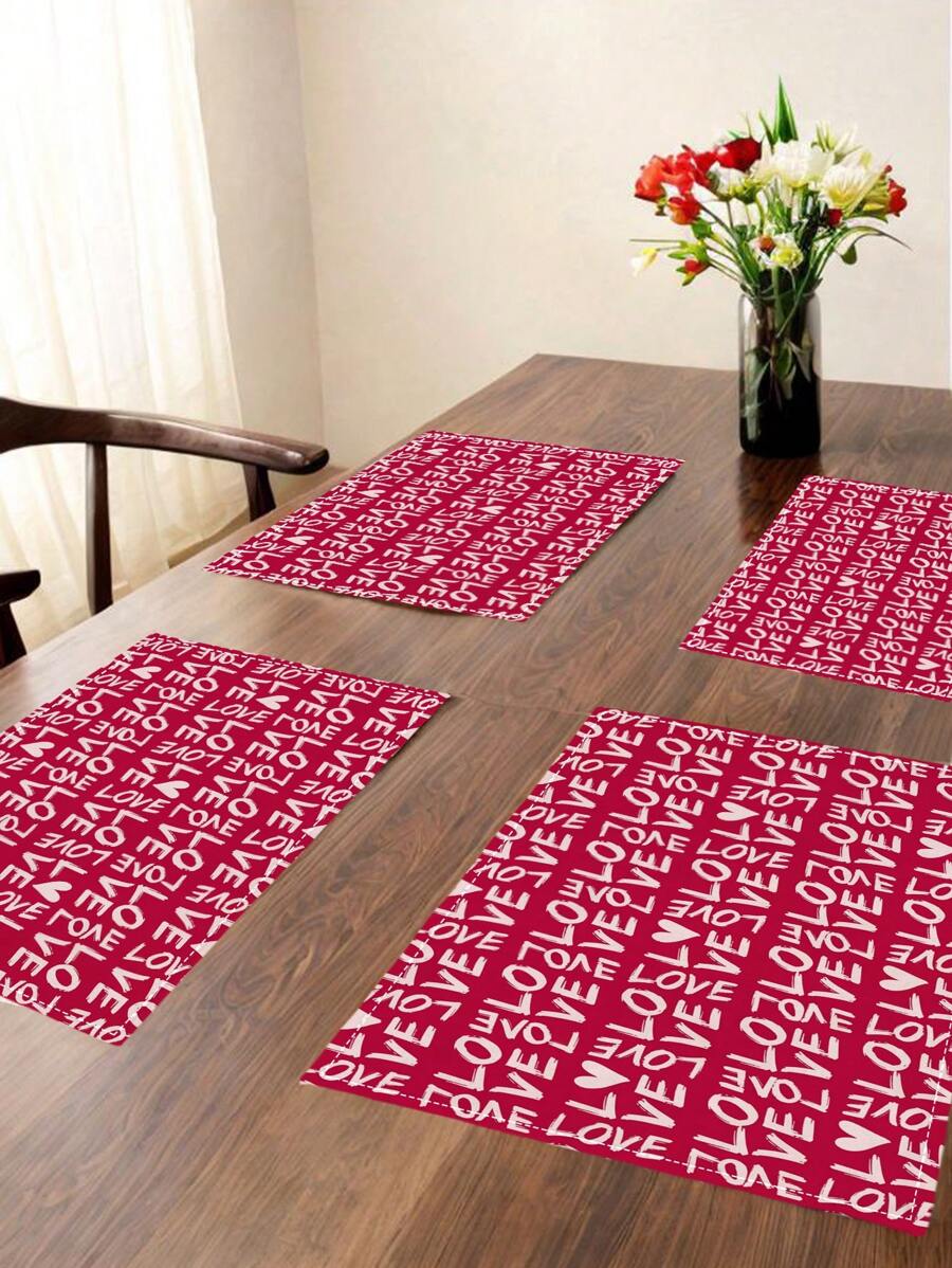 4 قطع من مفارش الطاولة لعيد الحب بنمط مربعات حمراء وسوداء هندسية، حب وتصميم عيد الحب، سهلة التنظيف، مفارش طاولة زخرفية للاستخدام الداخلي والخارجي، طاولات مناسبة للحفلات والطعام، مقاومة للحرارة وسهلة التنظيف - روز أحمر - مشاهدة 1