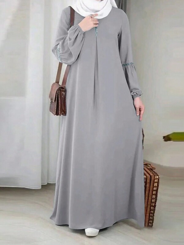 Women's Solid Color Splice Long Sleeve Casual Long Arabic Style Dress, Modest