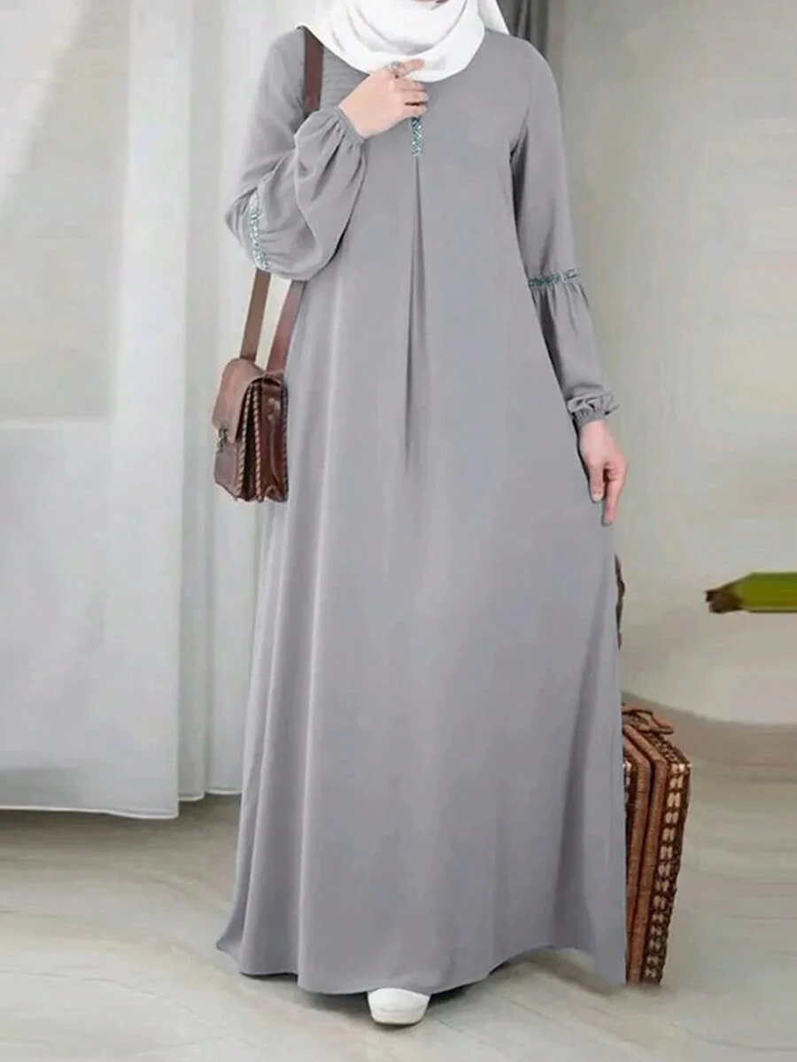 Women's Solid Color Splice Long Sleeve Casual Long Arabic Style Dress, Modest